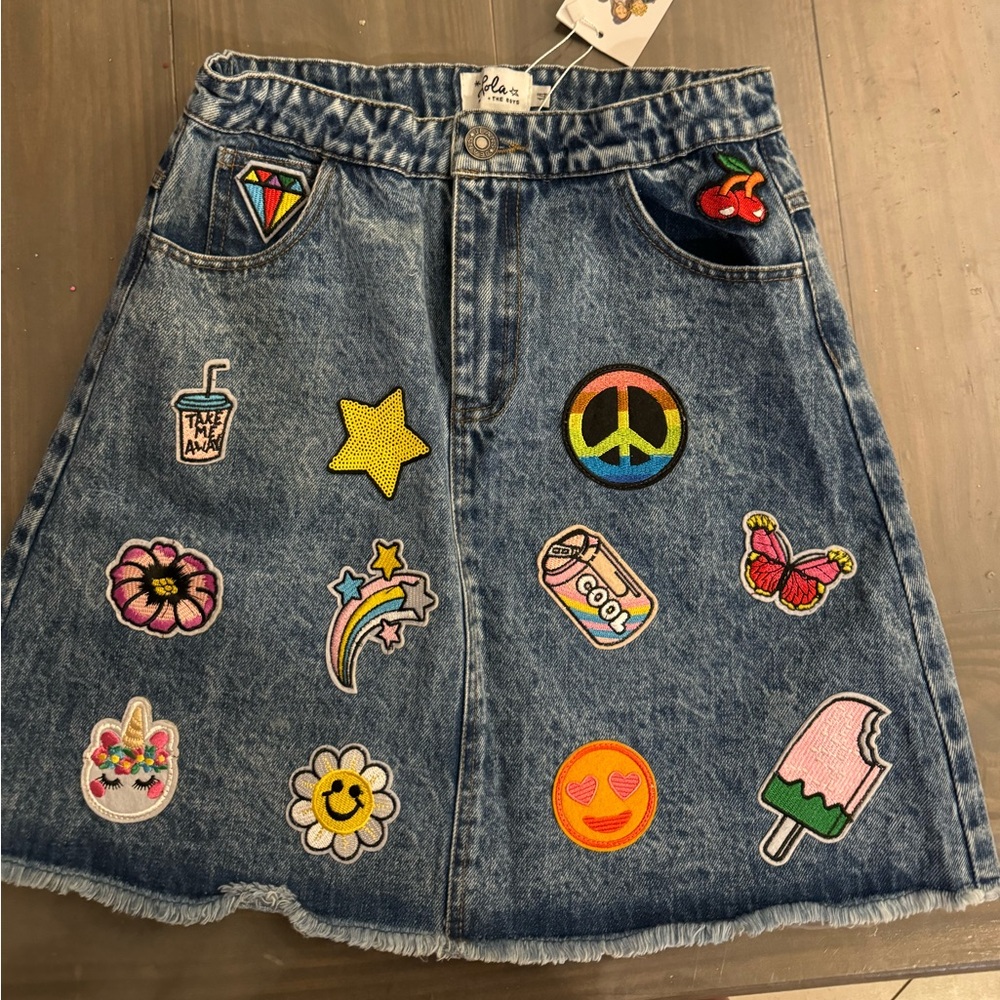 New NWT Lola and the Boys Patch Jean Denim Mini Skirt Size 14